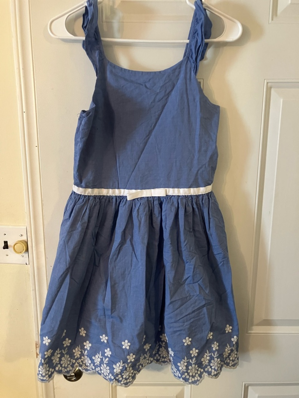 Zunie Blue Floral Hem Dress with White Waist Trim